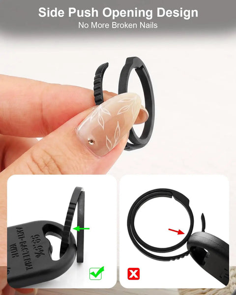 Hand holding Titanium Key Rings Set In Two Sizes For Everyday Carry Side Push Split Key Chains, showing side push feature.
