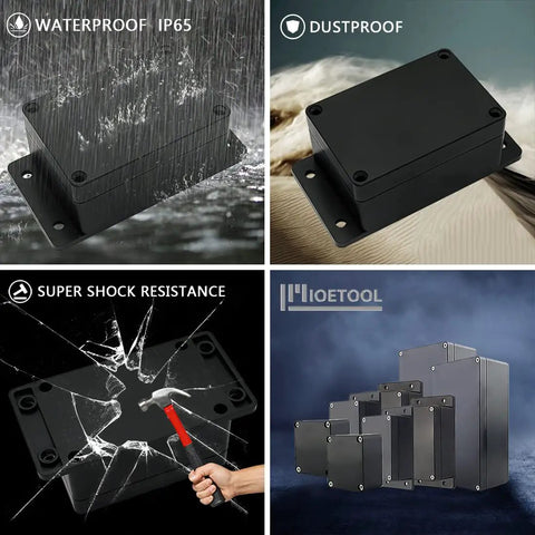 Composite image of IP65 Waterproof Electrical Junction Box Enclosure for Outdoor Use showcasing waterproof, dustproof, shock resistance features.