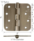 Built Thick Steel Interior Door Hinges Four Inch Antique Brass Finish Three Pack With Removable Pin For Smooth Daily Swinging And No Hassle Residential Installation, detailed front view with dimensions.