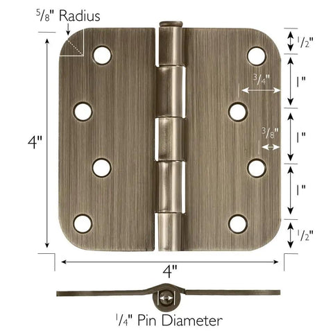 Built Thick Steel Interior Door Hinges Four Inch Antique Brass Finish Three Pack With Removable Pin For Smooth Daily Swinging And No Hassle Residential Installation, detailed front view with dimensions.