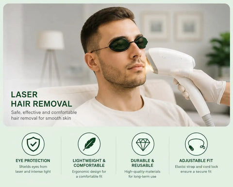 IPL Laser Safety Goggles With Anti Fog Lenses For Hair Removal And Tanning Sessions Offering 200Nm To 2000Nm Blocking on a man during treatment.