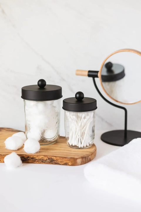 Apothecary Lid Storage Set With Ball Mason Jars Two Pack Farmhouse Style Vanity Organizer For Kitchen Bath Office Black Finish