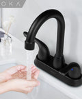 Two Handle Black Bathroom Faucet 4 Inch Centerset With Lift Rod Drain Stopper And Supply Hoses For RV Use, water flow shown