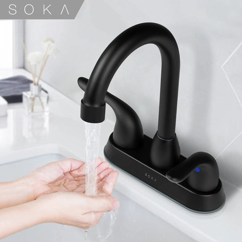 Two Handle Black Bathroom Faucet 4 Inch Centerset With Lift Rod Drain Stopper And Supply Hoses For RV Use, water flow shown