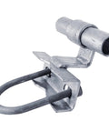 Metal rolling gate track bracket for one five eighths inch fence posts and one five eighths inch track rail, showing mounting design.