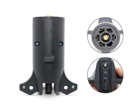 Ultimate 7 Pin To 5 Pin Trailer Adapter For RVs Waterproof And Dustproof Plug With Tool Free Installation showing connector details