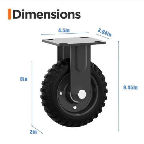 8 Inch Fixed Heavy Duty Caster Wheel 1000 LB Capacity Solid Rubber Black Rim Flat Free Outdoor dimensions illustration