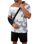 Man wearing Shoulder Surgery Shirt For Men With Easy Snap Front And Side Openings, Ultra Soft Knit Fabric, short sleeve, in sling