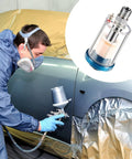 2 Pack Must-Have Mini In-Line Air Filter Moisture Separator for compressor hoses shown with spray gun and painted car