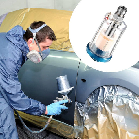 2 Pack Must-Have Mini In-Line Air Filter Moisture Separator for compressor hoses shown with spray gun and painted car