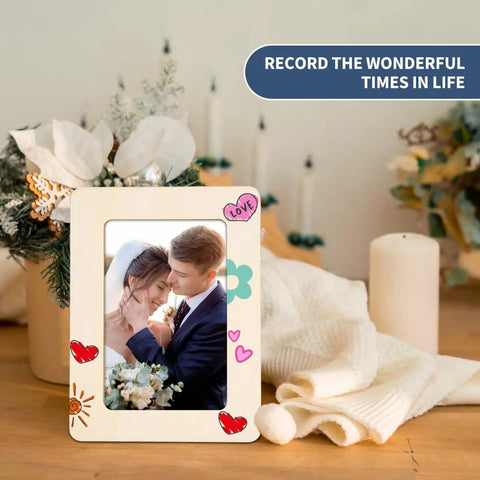 Decorated Picture Frame Painting Craft Kit For 4x6 Photos, holding a wedding image, surrounded by candles and flowers.