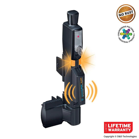 Keep Little Kids And Pets From Sneaking Out With This Hecka Secure Vertical Pull Safety Gate Latch Featuring Strong Magnetic Lock And Loud Alarm For Backyard Fence Gates In Classic Black close-up view showing magnetic lock and alarm features.
