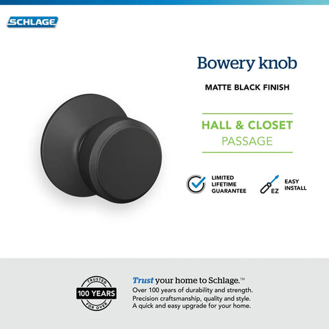 Bowery Hall Closet Passage Door Knob Matte Black Non Locking Interior Door Handle For Easy Entry Self Aligning Screws Quick Install