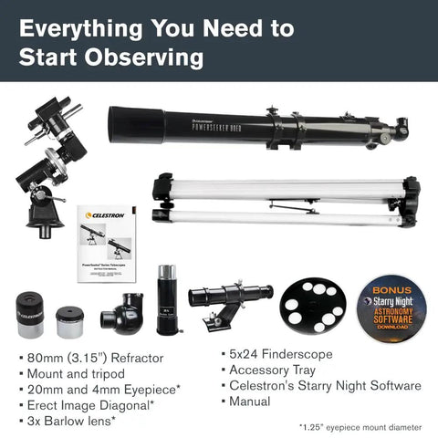 Beginner Friendly 80mm Refractor Telescope With Manual German Equatorial Mount For Moon And Planets, Easy Setup And Great Light Gathering For Craters, Planets, Stars And Nebulae. Celestron 80mm telescope kit with tripod, eyepieces, finder, diagonal, and software