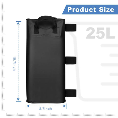 4 Pack Canopy Water Weight Bags 25L Each, 19.7 inch tall, PVC, black with handle and straps, product size illustration