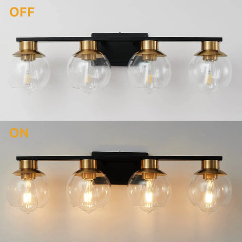 Black Gold 4 Light Vanity Light Fixture Over Mirror With Globe Glass Shades E26 Base Mid Century Modern Wall Sconce On and Off