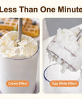 Handheld Manual Whipping Cream Dispenser No Battery Needed For Quick Whipped Cream In 60 Seconds Non Slip Silicone Base Professional Cream Maker For Desserts Coffee Milk Froth Purple showing cream and egg white effects