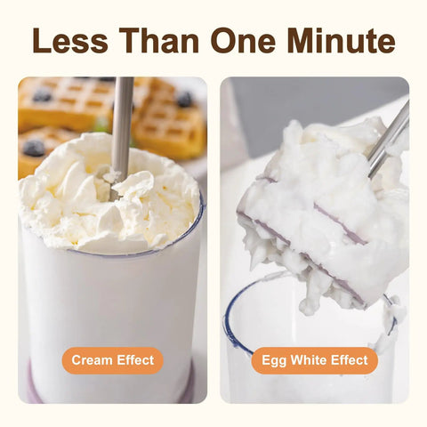 Handheld Manual Whipping Cream Dispenser No Battery Needed For Quick Whipped Cream In 60 Seconds Non Slip Silicone Base Professional Cream Maker For Desserts Coffee Milk Froth Purple showing cream and egg white effects