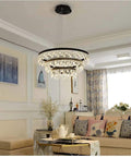 Modern Crystal Chandelier Featuring Slick Aluminum Build and Dazzling LED Glow illuminating a stylish living room.