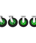 10 Inch Heavy Duty Pneumatic Caster Wheels Set Of Four Built Tough With Slick Rubber Tread And Double Ball Bearings For Workbenches Carts Smooth Gliding Action, featuring green rims and black rubber tires.
