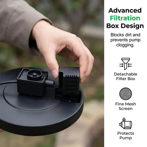 Person holding filter box of Floating Solar Water Fountain With Six Nozzles For Garden Pond Pool And Outdoor Use Upgraded 2026