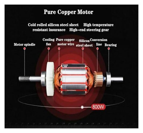 Pure copper motor of Heavy Duty 800W Bench Grinder Stone Polishing Machine showcasing parts like motor spindle and cooling fan.