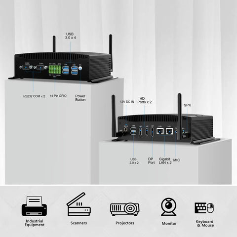 Ready To Roll Industrial Fanless Mini Pc Delivering Seamless Performance With Core I7 10510U Processor 64Gb Ram 512Gb Ssd Triple Display Output Dual Band Wireless Bluetooth Rs232 Com Ports And Windows 11 Pro, showcasing ports and connectivity options.