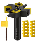 Pro Grade CNC Spoilboard Surfacing Router Bit with 1/2 inch shank, 2 plus 2 replaceable inserts, and 10 extra carbide blades.