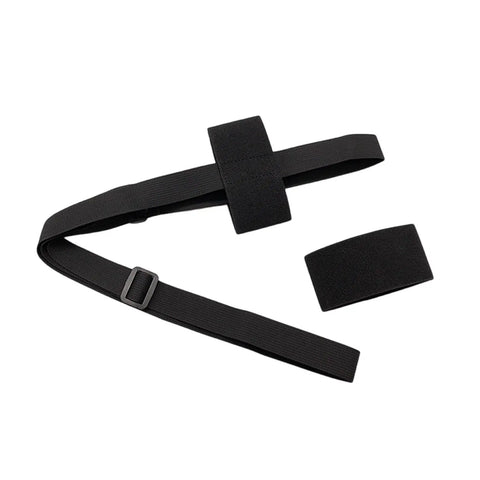 Black adjustable strap with buckle and separate piece on white background.