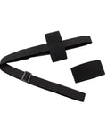 Black elastic strap kit with adjustable buckle and removable loop attachments on white background.