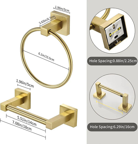 Gold Toilet Paper Holder And Hand Towel Bar Set In Brushed Brass With Double Post Pivoting Design For Secure Roll Change