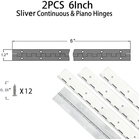 Heavy Duty 6 Inch Silver Stainless Steel Piano Hinges Two Pack Full Length Surface Mount Cabinet Hardware with Screws
