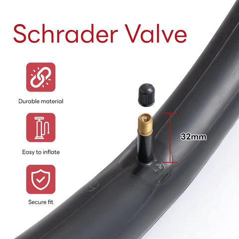 Illustration of inner tube with Schrader valve 32mm, highlighting durability and ease of inflation, for bike wheels.