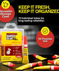 Clear Instant Bonding Glue With Precision Tip For Wood Metal Plastic And Ceramics 12 Pack 2 Gram Tubes shown with case