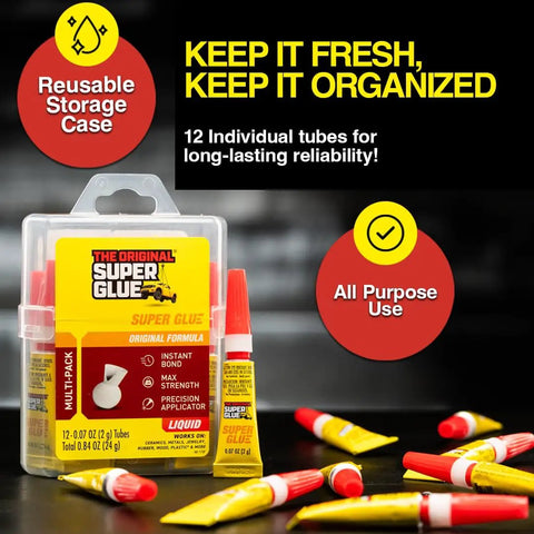 Clear Instant Bonding Glue With Precision Tip For Wood Metal Plastic And Ceramics 12 Pack 2 Gram Tubes shown with case