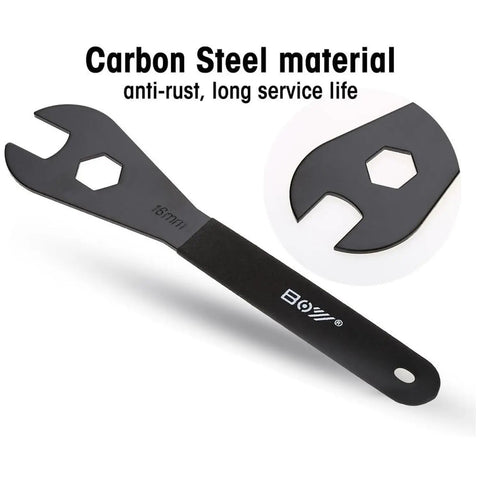 Low Profile Bicycle Spanner Set 2mm Thick For 13mm To 19mm Cone Wrenches Durable Carbon Steel Multi Function Tool For Wheel Hub Axle Nut Install 7 Piece Pro Bike Cone Wrench Kit For Gearheads, image of a carbon steel 16mm bicycle cone wrench with cutout.