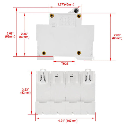 DC 4 Pole Photovoltaic Miniature Circuit Breaker 80A 1000V DC Type D, 8kA Breaking Capacity, 35mm DIN Rail Mount dimensions