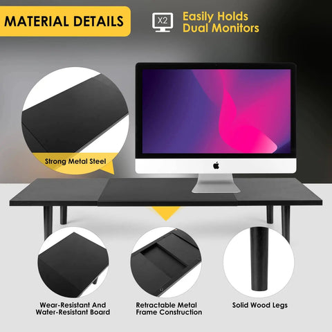 Dual Monitor Stand Riser For Desk With Adjustable Length 32 To 40 Inches Space Saving Desk Shelf Organizer For Two Screen Setup Large Monitor Riser Stand For Computer Laptop PC Printer TV Black, featuring strong metal steel, wear-resistant board, and solid wood legs.