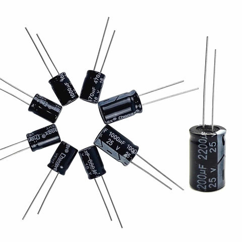 Close-up of capacitors from Dope 810-Piece Electrolytic Capacitor Kit With 42 Values 10V To 100V, includes 2200uF 25V capacitor.