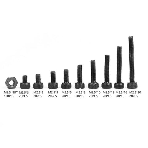 M2.5 Hex Socket Head Cap Screws And Nuts Kit 300 Pieces 12.9 Grade Black Alloy Steel Assorted Lengths 3mm to 20mm