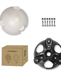 Wind Turbine Wheel Hub And Cap Kit With 3 Blades For Horizontal Turbines DIY Friendly Windmill Accessories 100W To 1000W Includes Screws And Nuts Compatible With 17mm Shaft Durable Metal Hub Cap For Easy Install image showing a black metal hub, white cap, screws, and cardboard packaging.