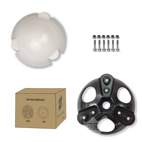 Wind Turbine Wheel Hub And Cap Kit With 3 Blades For Horizontal Turbines DIY Friendly Windmill Accessories 100W To 1000W Includes Screws And Nuts Compatible With 17mm Shaft Durable Metal Hub Cap For Easy Install image showing a black metal hub, white cap, screws, and cardboard packaging.