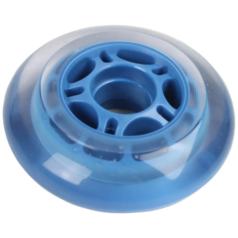 Close-up of Roller Hockey Wheels 80mm 78A soft inline skate wheel, blue with ABEC 5 bearings and 5 spoke hub, urethane for indoor rink use.
