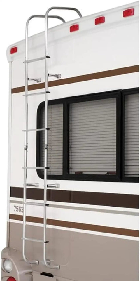 502L Universal Straight RV Exterior Ladder For All Motorhomes With Vertical Rear Panel, Aluminum Construction, Polished Finish, No Fuss Upper And Lower Mounts, Four Adjustable Stands, Fits Any Make Or Model, mounted on RV side
