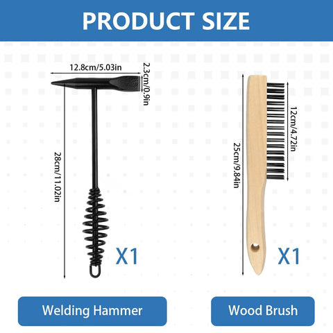 Two Pack Welding Chipping Hammer And Wire Brush Set With 11 Inch Coil Spring Handle Cone And Vertical Chisel And 9.8 Inch Stainless Brush