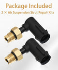 Two black plastic suspension elbow air strut repair kits with brass threaded adapters.