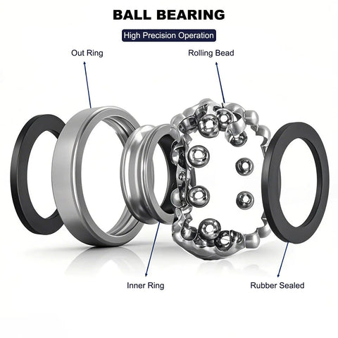Exploded view of 10 Pack 6305 2RS Deep Groove Ball Bearings with rubber seals and inner components.