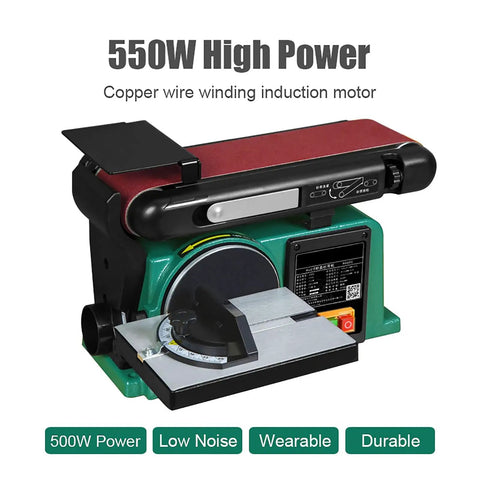 Shop Grade 550W Desktop Belt Sander Featuring Rock Solid Cast Iron Base And Zero To Forty Five Degree Adjustable Workbench for polishing wood.