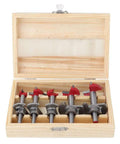 Legit Carbide Tipped Forstner Drill Bit Set 15Mm To 35Mm Woodworking Hole Saw Kit displayed in sturdy wood box, featuring five bits with adjustable depth.