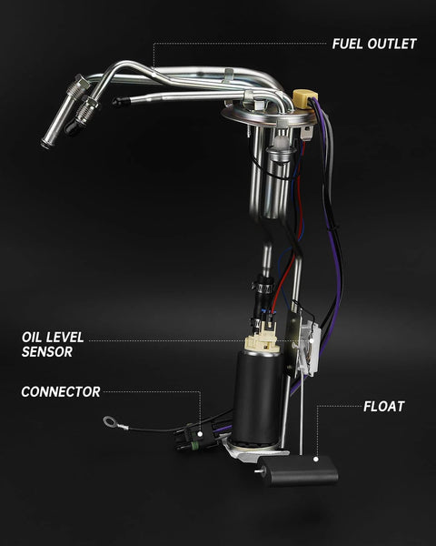 Electric Fuel Pump Module Assembly For 1996 1997 Chevy And GMC Pickup Trucks with labeled parts on black background.